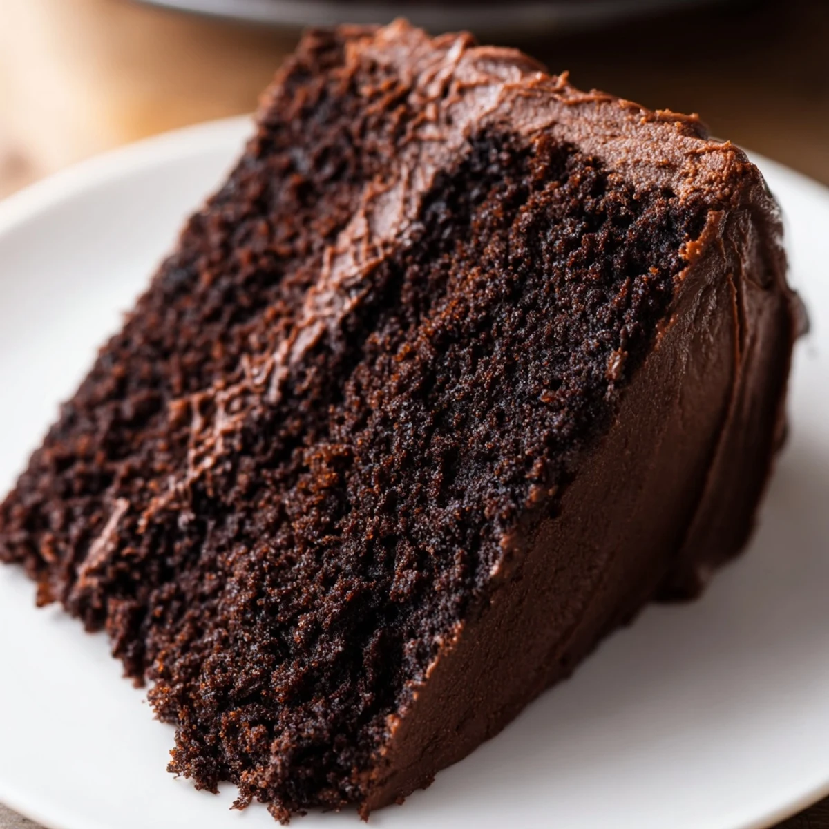 A slice of rich Devil's Food Cake, frosted generously with smooth, dark chocolate buttercream.