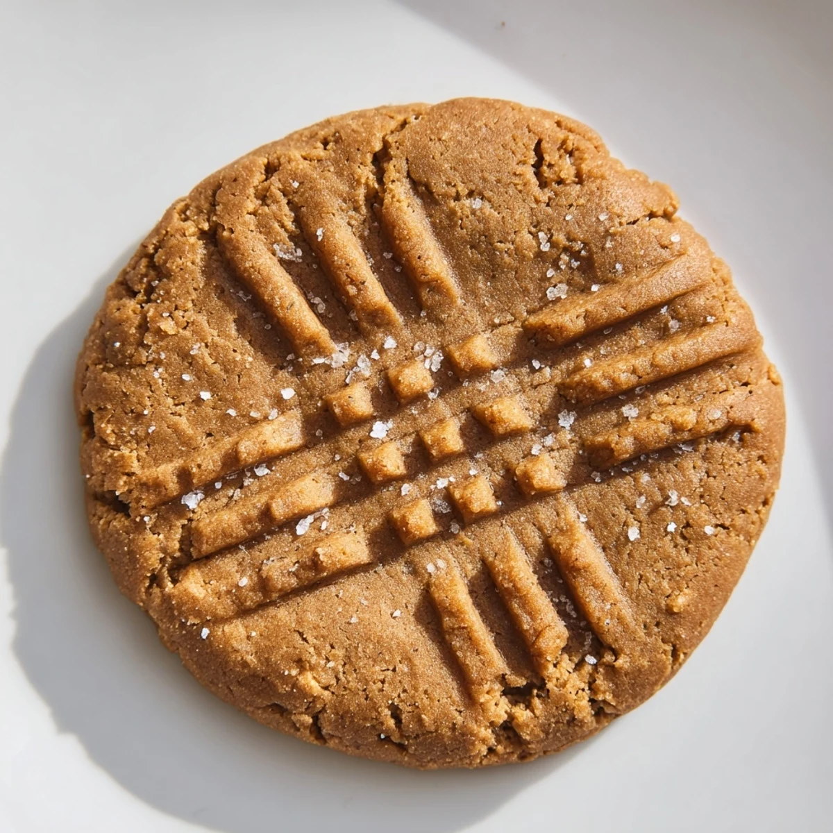 Golden, baked peanut butter cookies with crisscross pattern, warm from the oven, ready to enjoy.