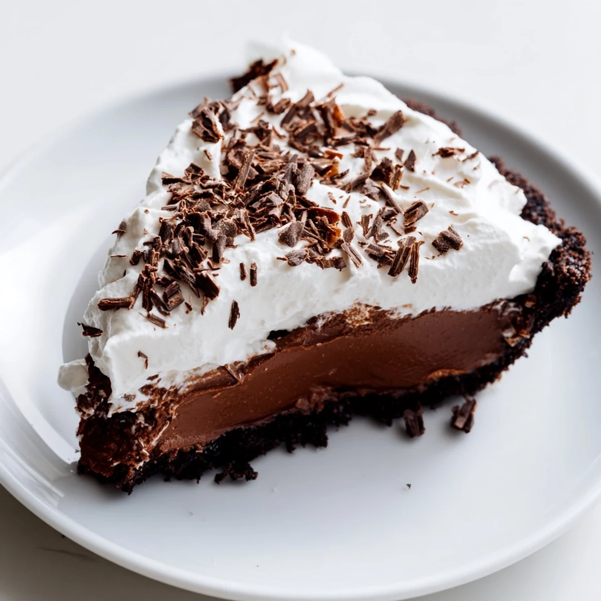 Image of a beautifully presented Mississippi Mud Pie, perfectly layered and garnished with chocolate shavings.