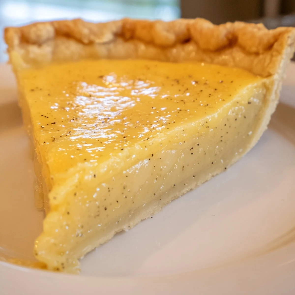 Golden, baked buttermilk pie slice, showcasing a creamy custard filling, ready to serve this classic dessert.