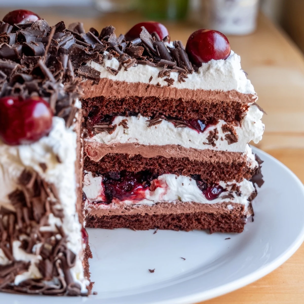 A slice of Black Forest Cake showcasing layers of chocolate, cherries, and whipped cream.