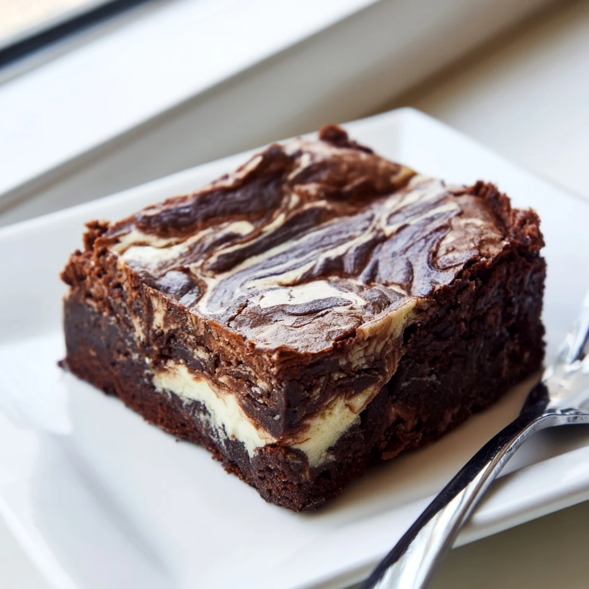 A top-down view of perfect, swirled Cheesecake Brownies, ready to be cut and served.
