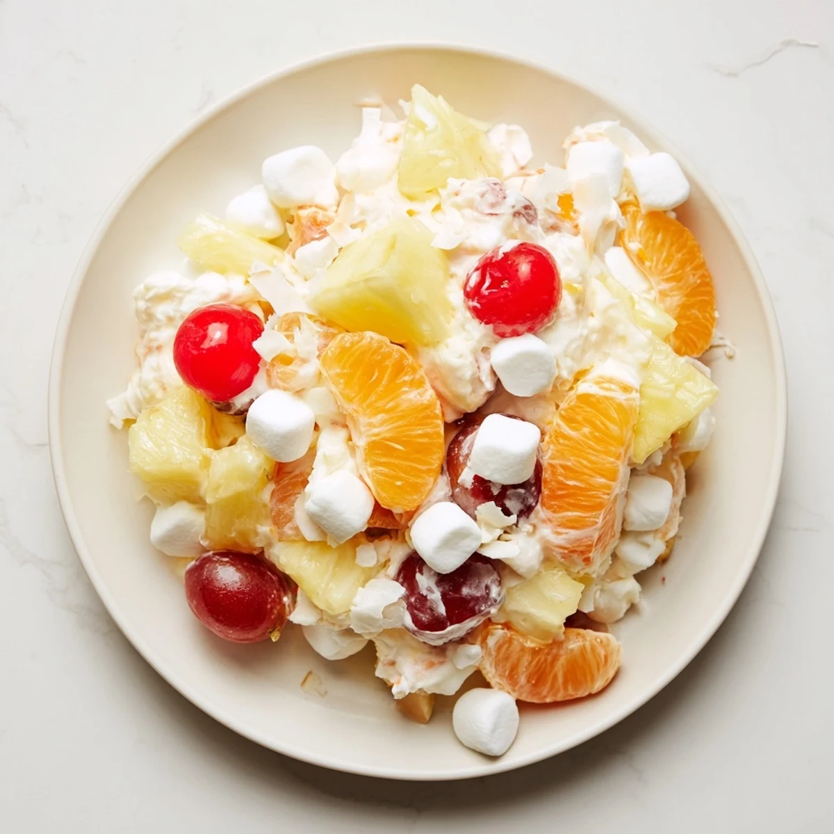 Close-up of chilled Ambrosia salad with a whipped topping, ideal for your next American picnic.