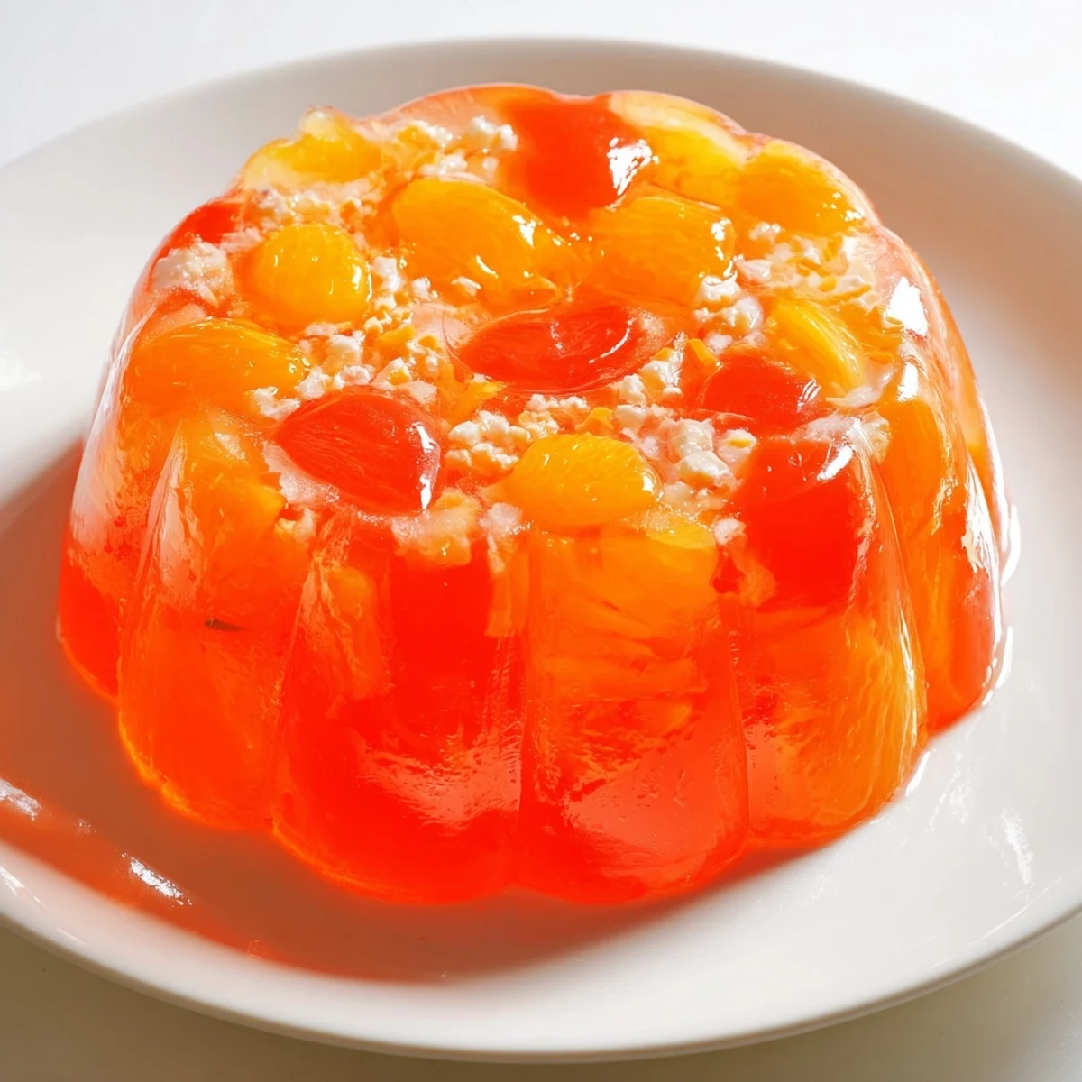 A colorful, glistening photo of Jell-O Salad brimming with fresh fruits, perfect for summer gatherings.