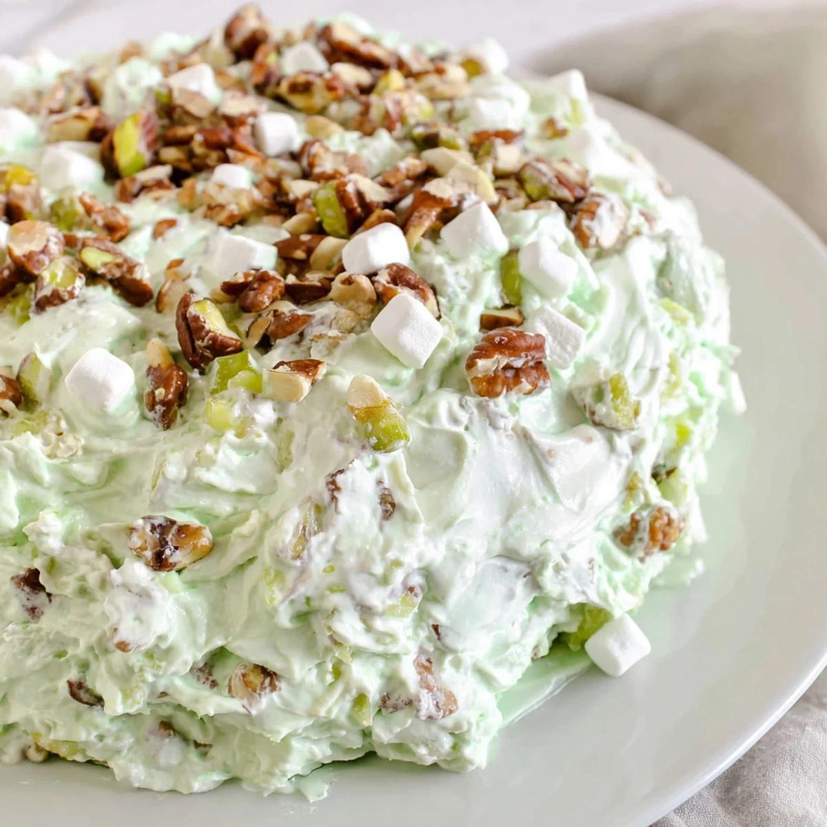 A bowl of vibrant, chilled Watergate Salad, featuring fluffy marshmallows and delightful pineapple chunks.