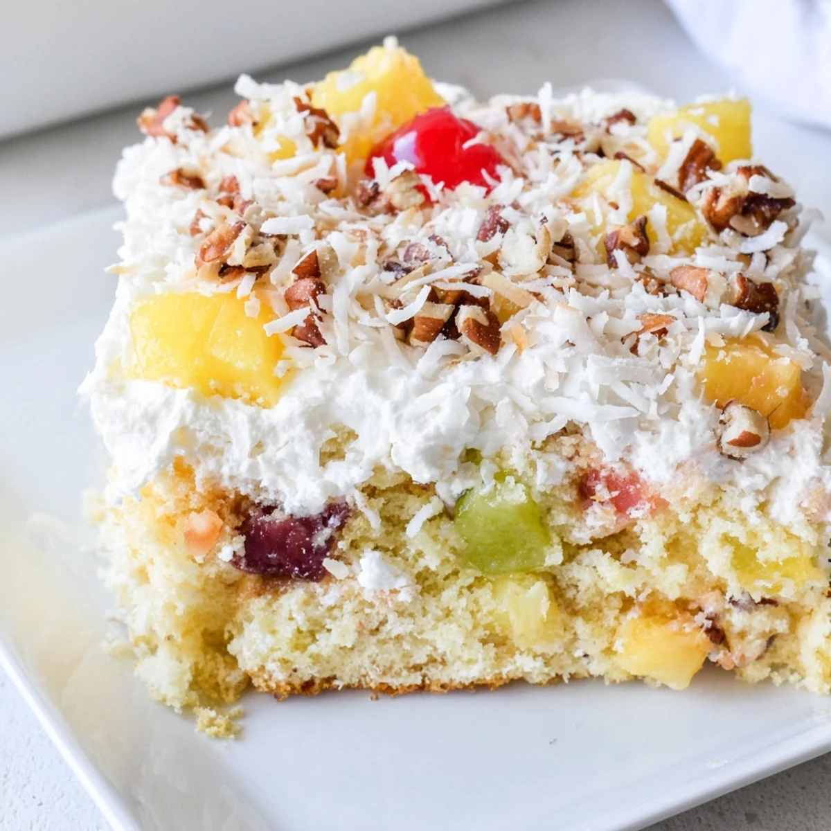 Moist and fruity Fruit Cocktail Cake, generously topped with sweet, creamy coconut frosting.