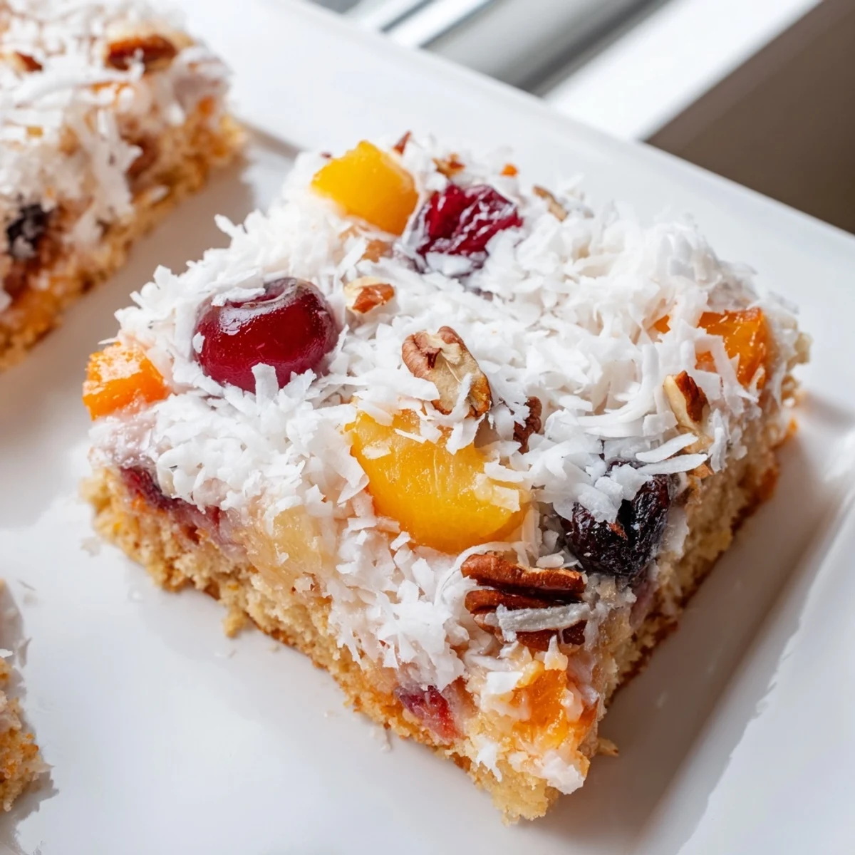 Freshly baked, golden Fruit Cocktail Cake with a swirl of warm, toasted coconut frosting on top.