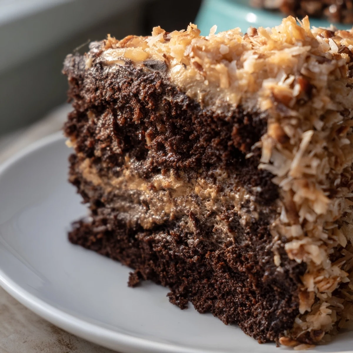 Moist German Chocolate Cake layers frosted with sweet, nutty coconut-pecan topping, a delicious dessert.