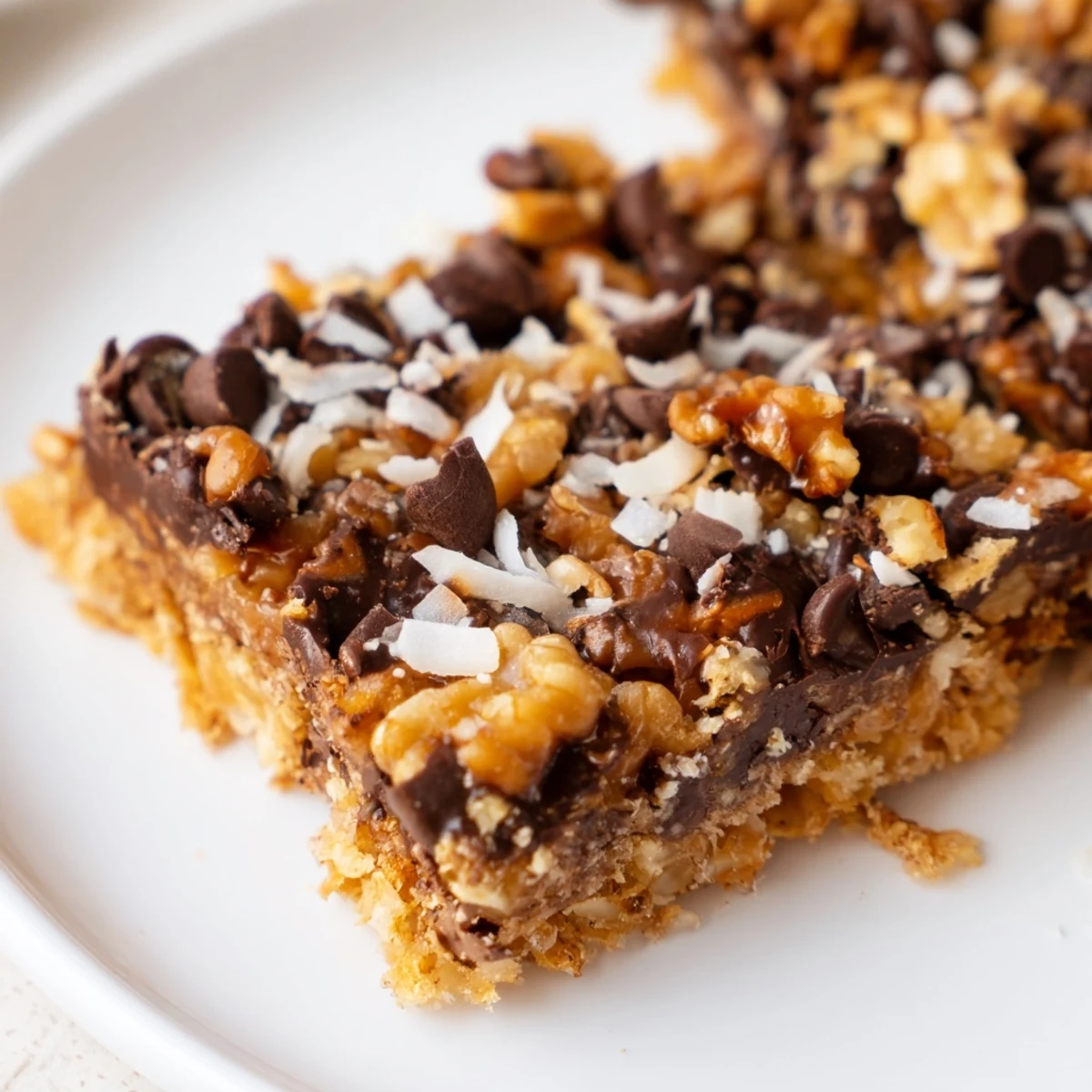 Golden, chewy Hello Dolly Bars with melted chocolate and coconut layered beautifully, a perfect dessert.