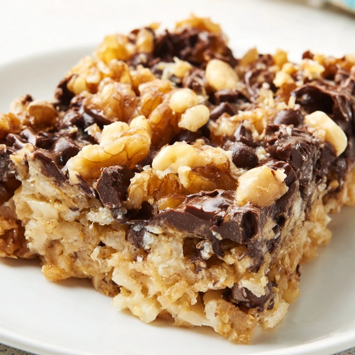 A close-up shot of decadent Hello Dolly Bars, featuring a golden crust and oozing, sweet layers.