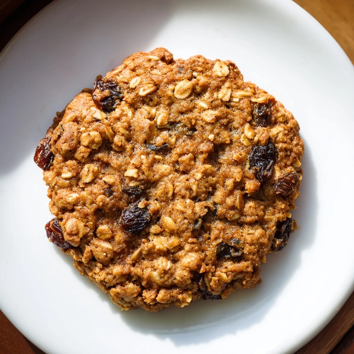 Golden, chewy Oatmeal Raisin Cookies, fresh from the oven, with visible plump raisins and oats.