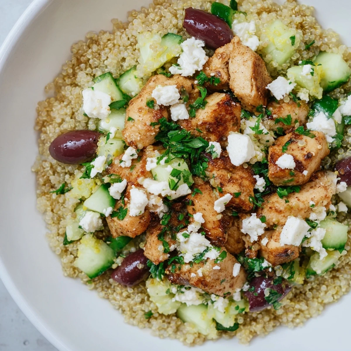 This Mediterranean Chicken Bowl features golden chicken, crisp cucumbers, and tangy olives on a bed of quinoa.