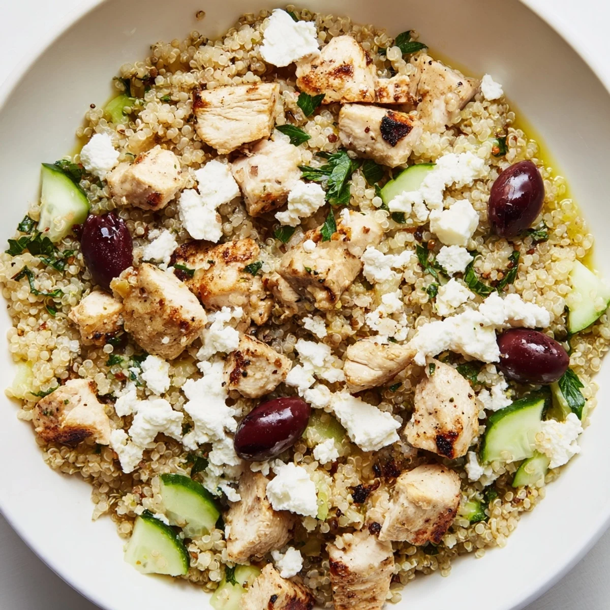 A vibrant Mediterranean Chicken Bowl with spiced chicken, creamy feta, and a zesty lemon-oregano dressing drizzle.