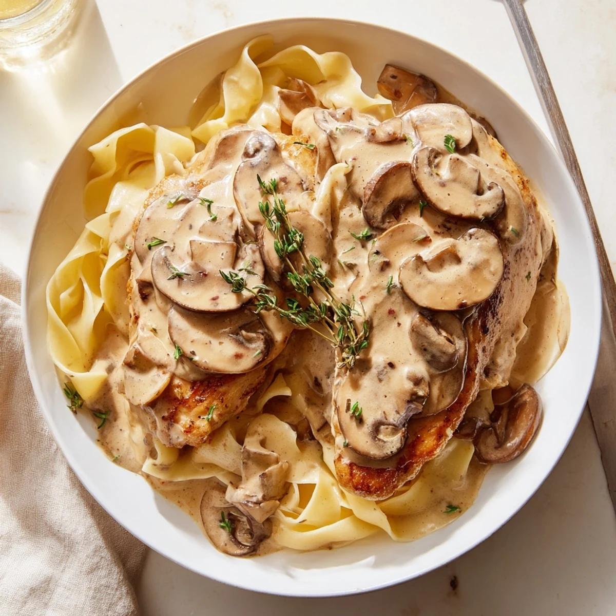 Golden pan-seared chicken breasts and sautéed mushrooms coated in a creamy Marsala wine sauce, served over al dente fettuccine and garnished with fresh parsley.  