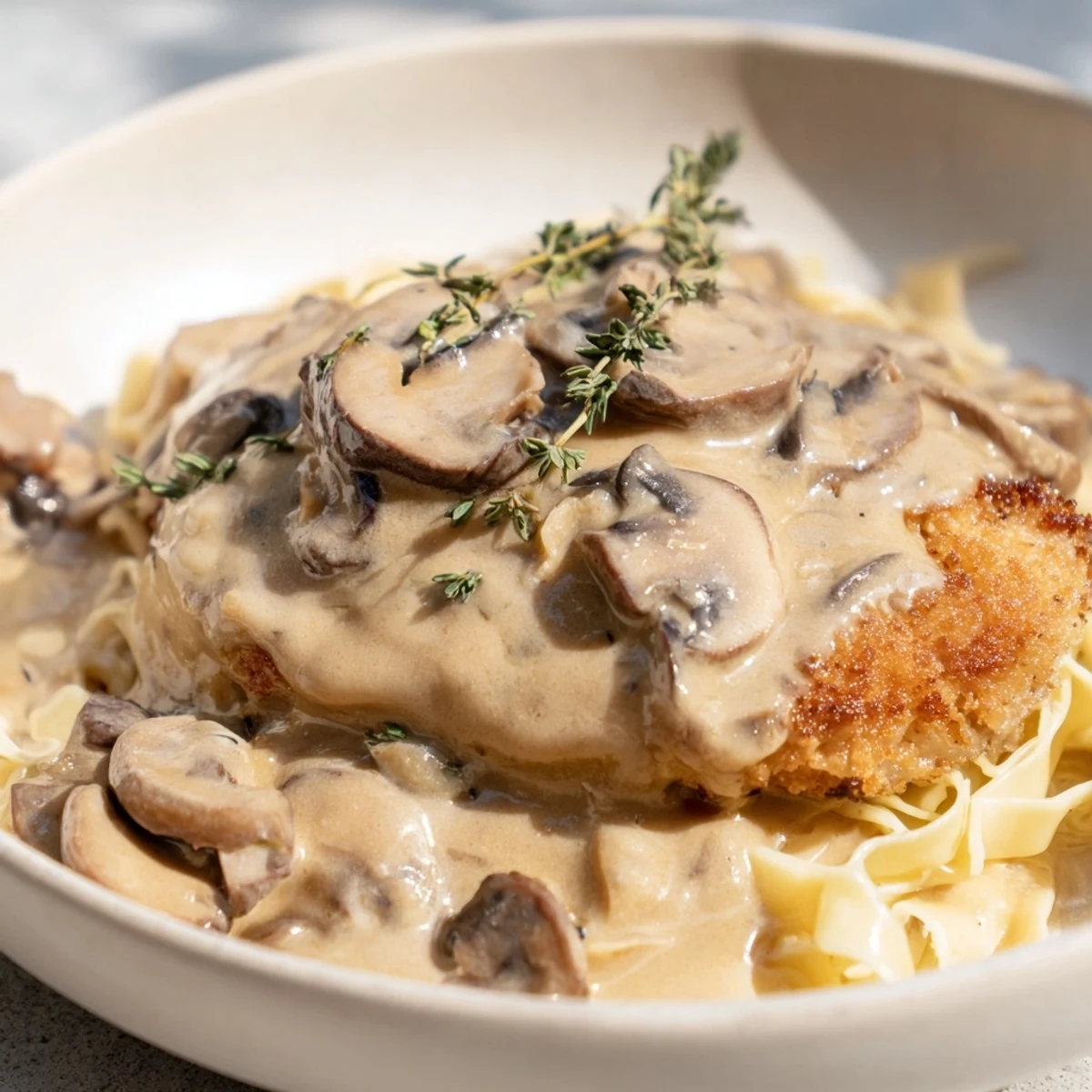 A comforting Italian-American plate of Creamy Chicken Marsala, featuring juicy chicken, savory mushrooms, and pasta, ready for a family dinner.