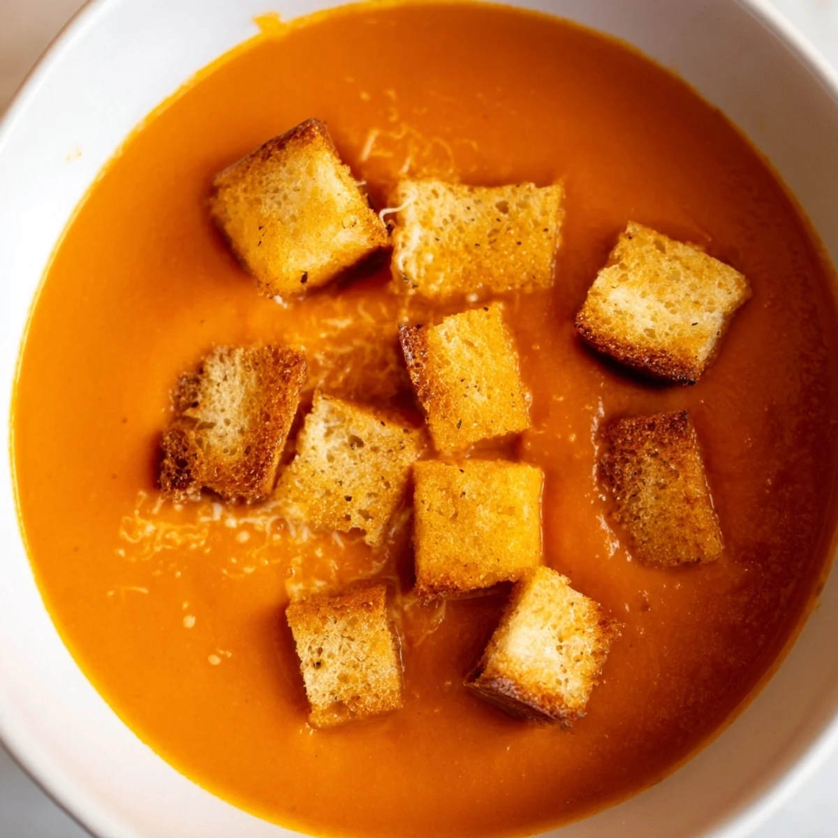 Creamy roasted tomato soup with grilled cheese croutons, served steaming in a rustic bowl.
