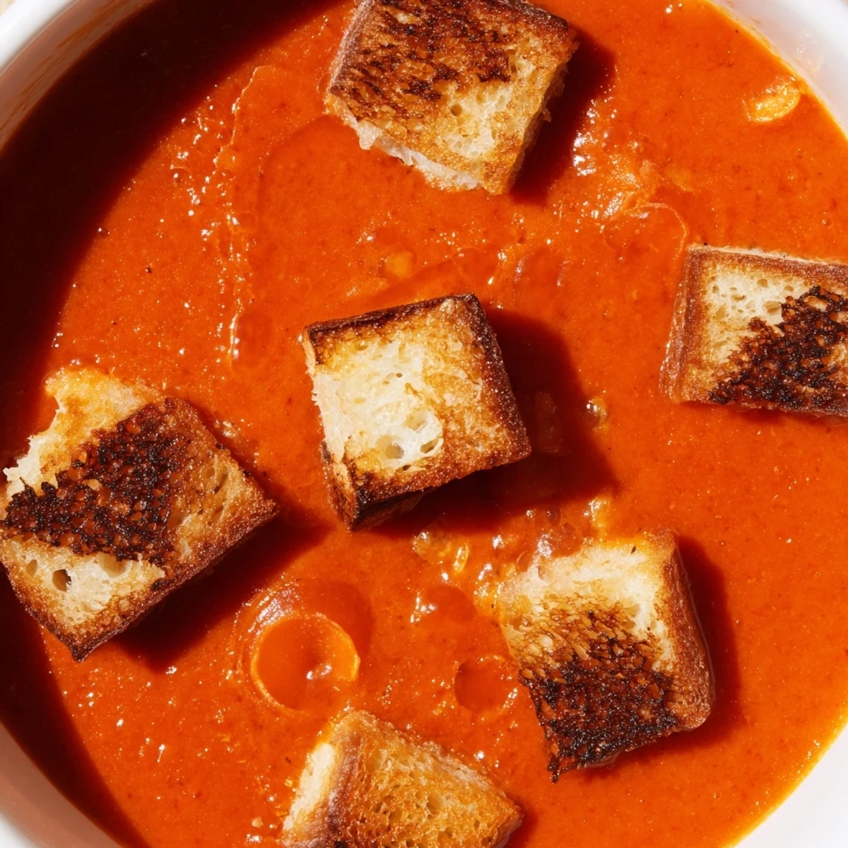 Homemade roasted tomato soup with crispy grilled cheese croutons, perfect for cozy fall evenings.