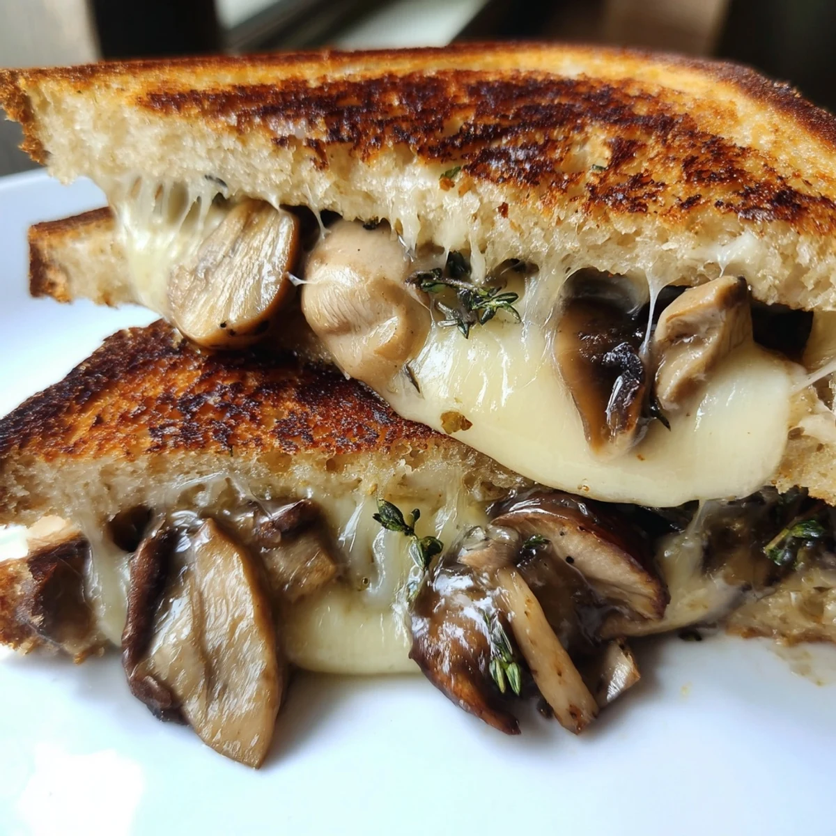 Golden, melted Swiss cheese and sautéed earthy mushrooms stuffed inside crispy buttered rye bread for a savory lunch.