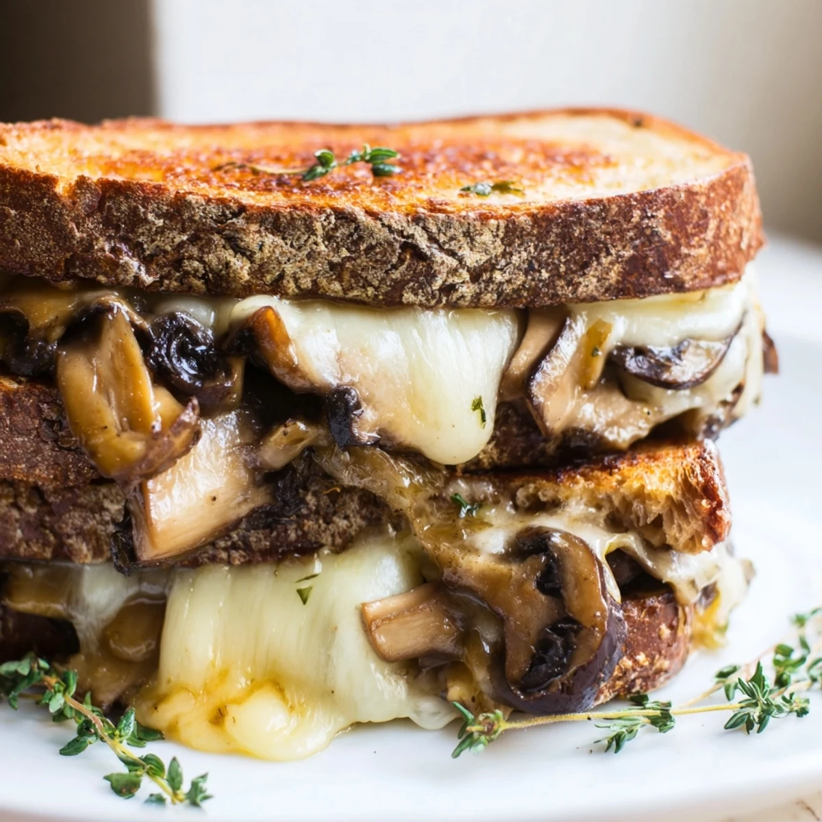 A close-up view of a vegetarian Mushroom Swiss Grilled Cheese with melted cheese and sautéed mushrooms on rye.