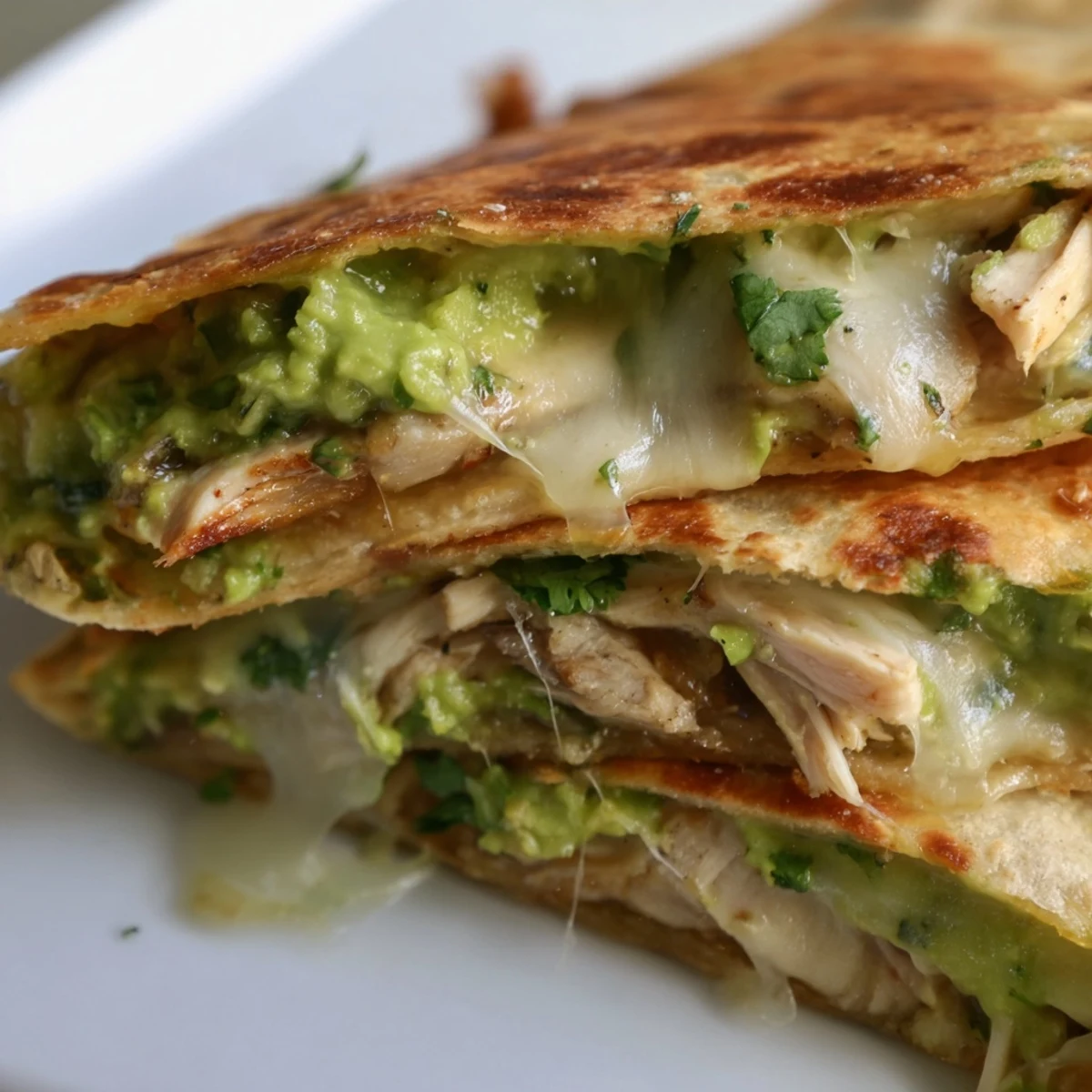 This Chicken Avocado Quesadilla shows crispy edges and fresh cilantro, served with a side of salsa and lime wedges.