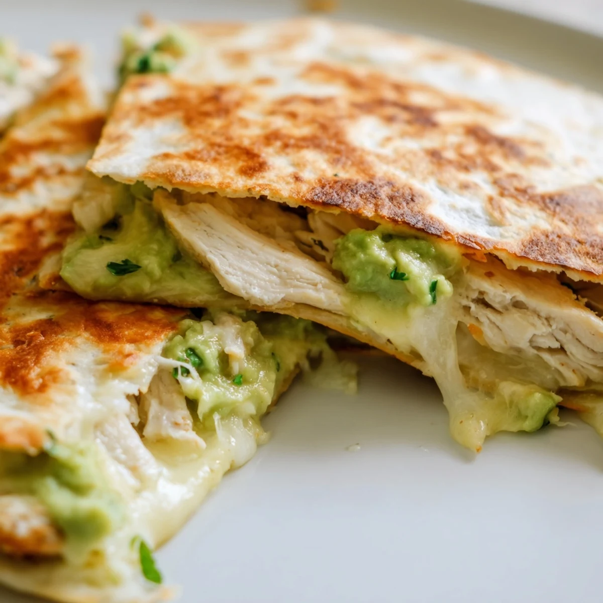 Freshly cooked Chicken Avocado Quesadilla, featuring gooey Monterey Jack cheese, juicy chicken strips, and vibrant red onion slices.