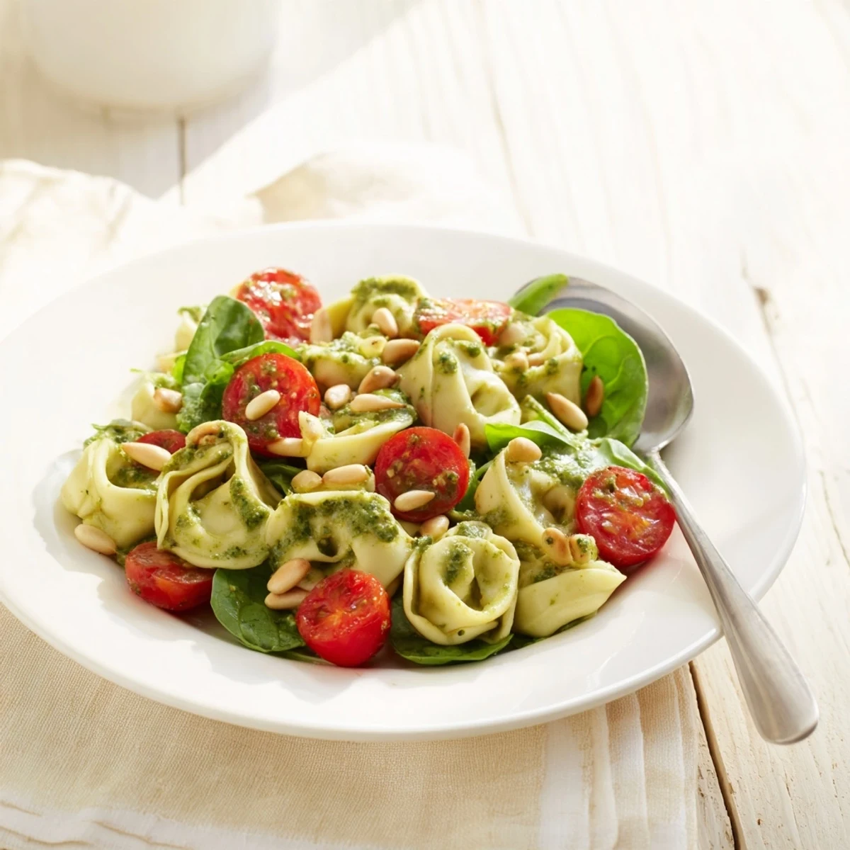 A close-up of vibrant Pesto Tortellini Salad with cheese-filled pasta, halved cherry tomatoes, and spinach leaves.