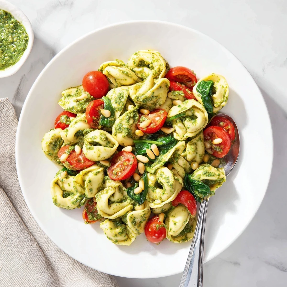 Bright summer serving of Pesto Tortellini Salad with juicy tomatoes and fresh spinach, ready for a picnic or potluck.