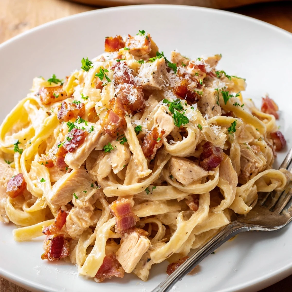 Creamy Chicken Carbonara pasta with shredded chicken, crispy bacon, and rich Parmesan sauce in a skillet.  