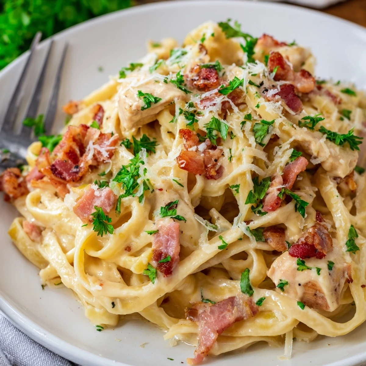 A close-up of Chicken Carbonara twirled on a fork, showcasing tender chicken and freshly cracked black pepper.  