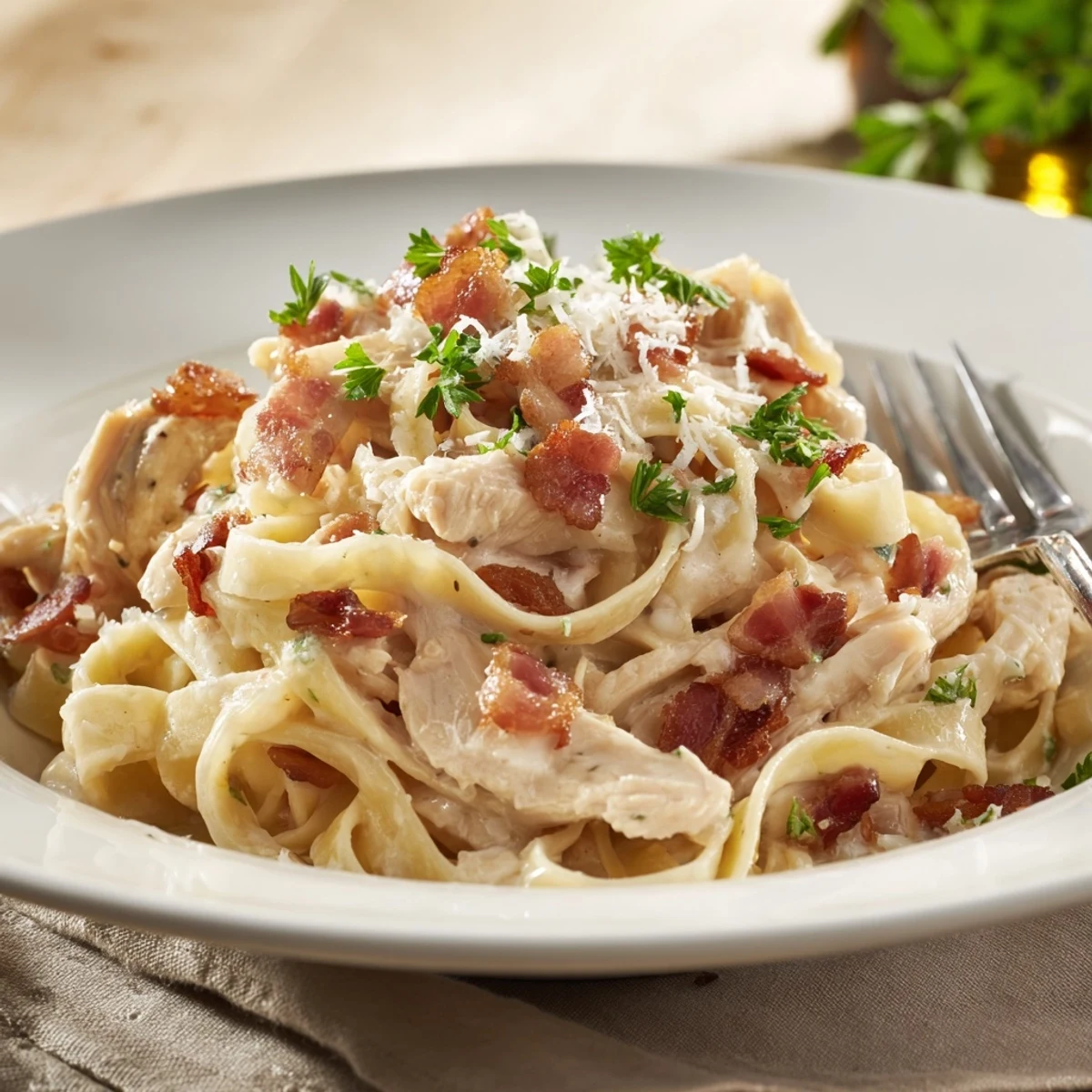 Serving of Chicken Carbonara topped with extra Parmesan and parsley, paired with a glass of white wine.