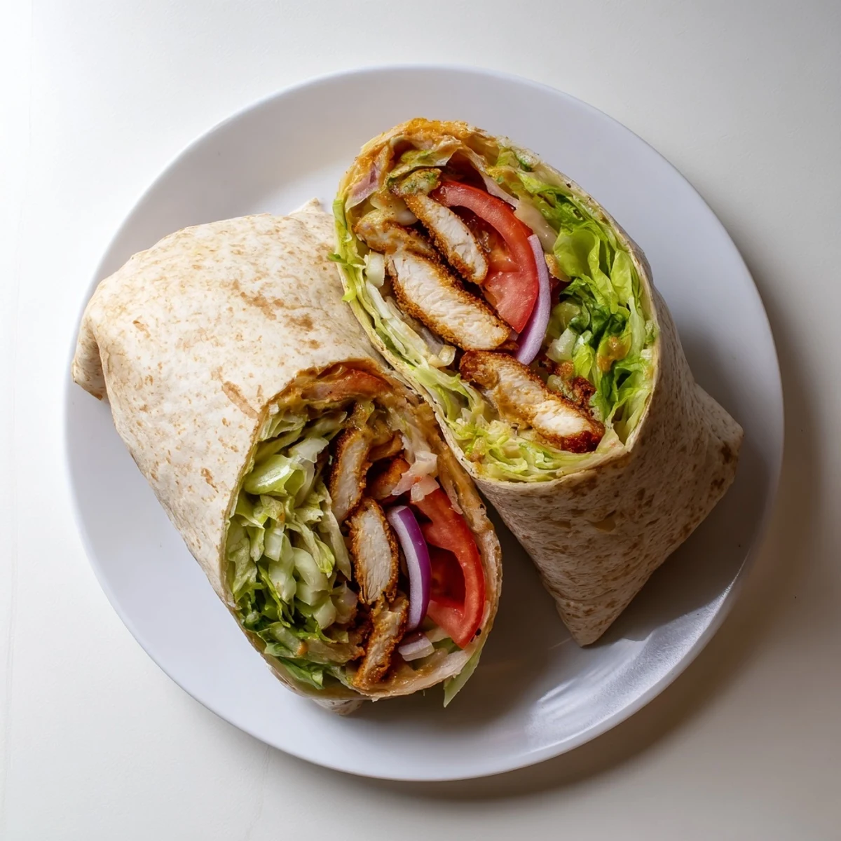 Golden-brown chicken tenders nestled in a soft flour tortilla with crisp romaine lettuce and sliced red onion, drizzled with a tangy honey-mustard sauce.
