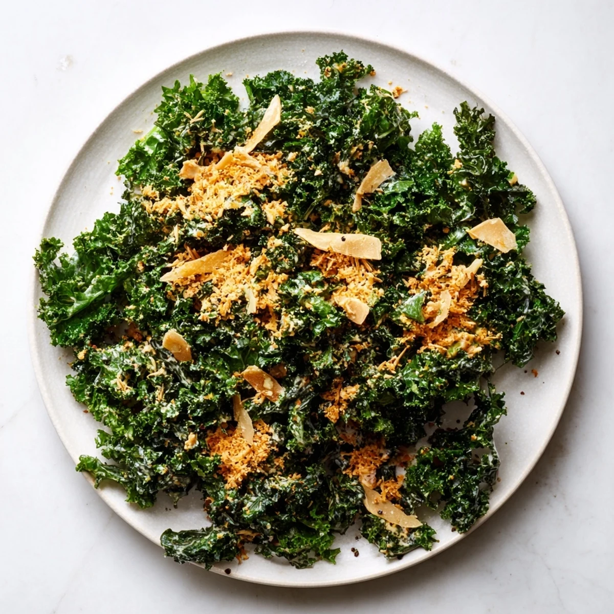 Garlic Parmesan Kale Salad served in a rustic bowl topped with shaved Parmesan and a sprinkle of freshly cracked black pepper.  