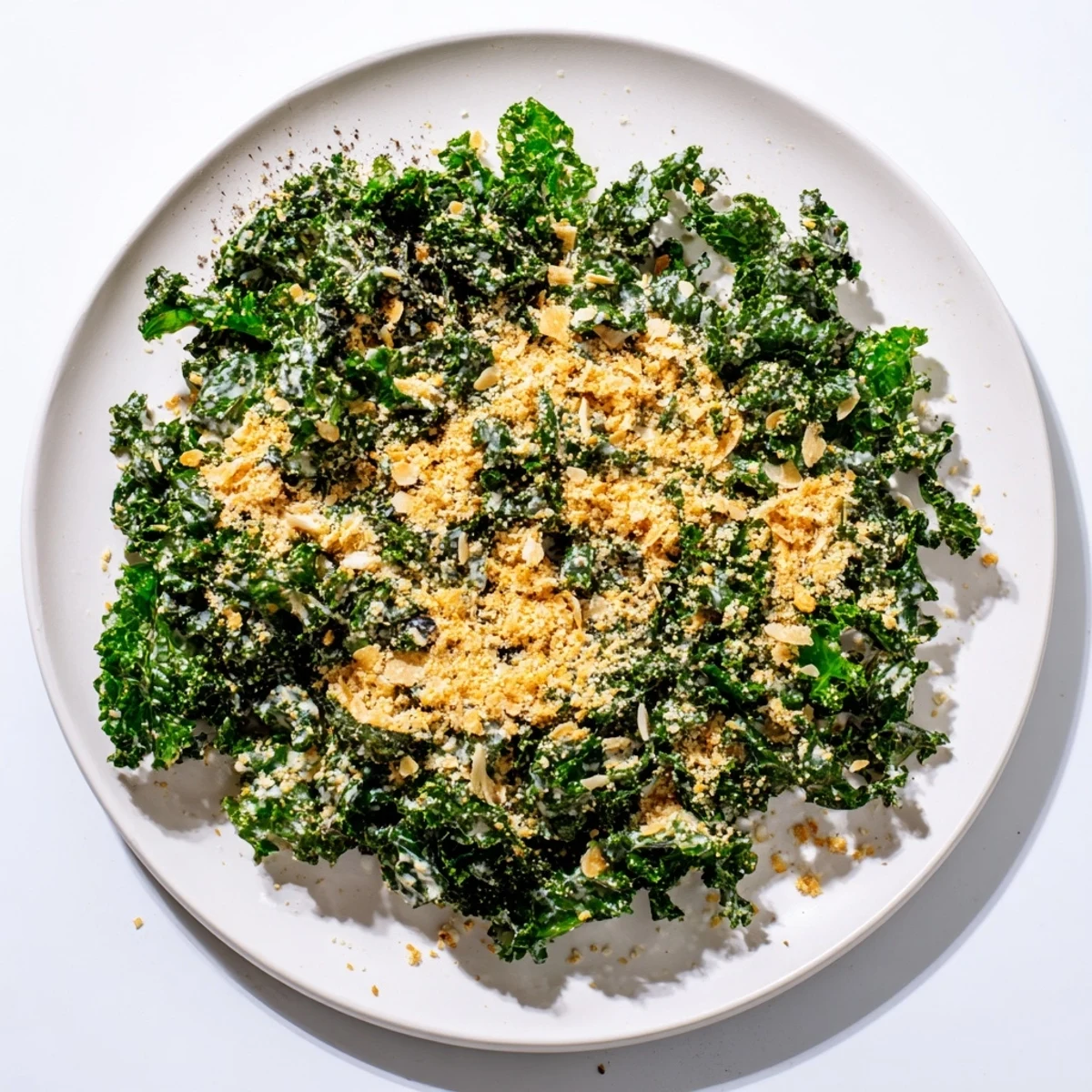 Freshly tossed Garlic Parmesan Kale Salad with vibrant green leaves, creamy dressing, and toasted panko breadcrumbs for added crunch.