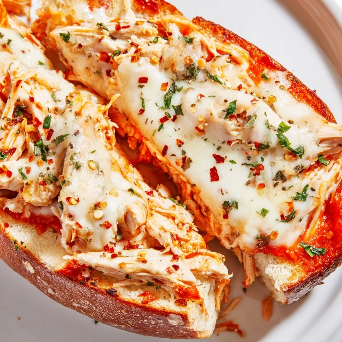 Golden-baked Chicken Parm Stuffed Garlic Bread boats overflowing with melted mozzarella and marinara.