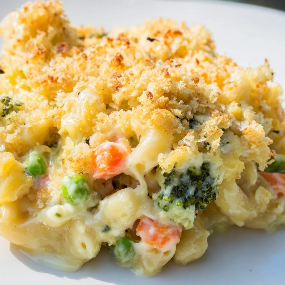 A close-up of creamy Garden Veg Mac and Cheese with vibrant peas, broccoli, and carrots in a golden cheese sauce.