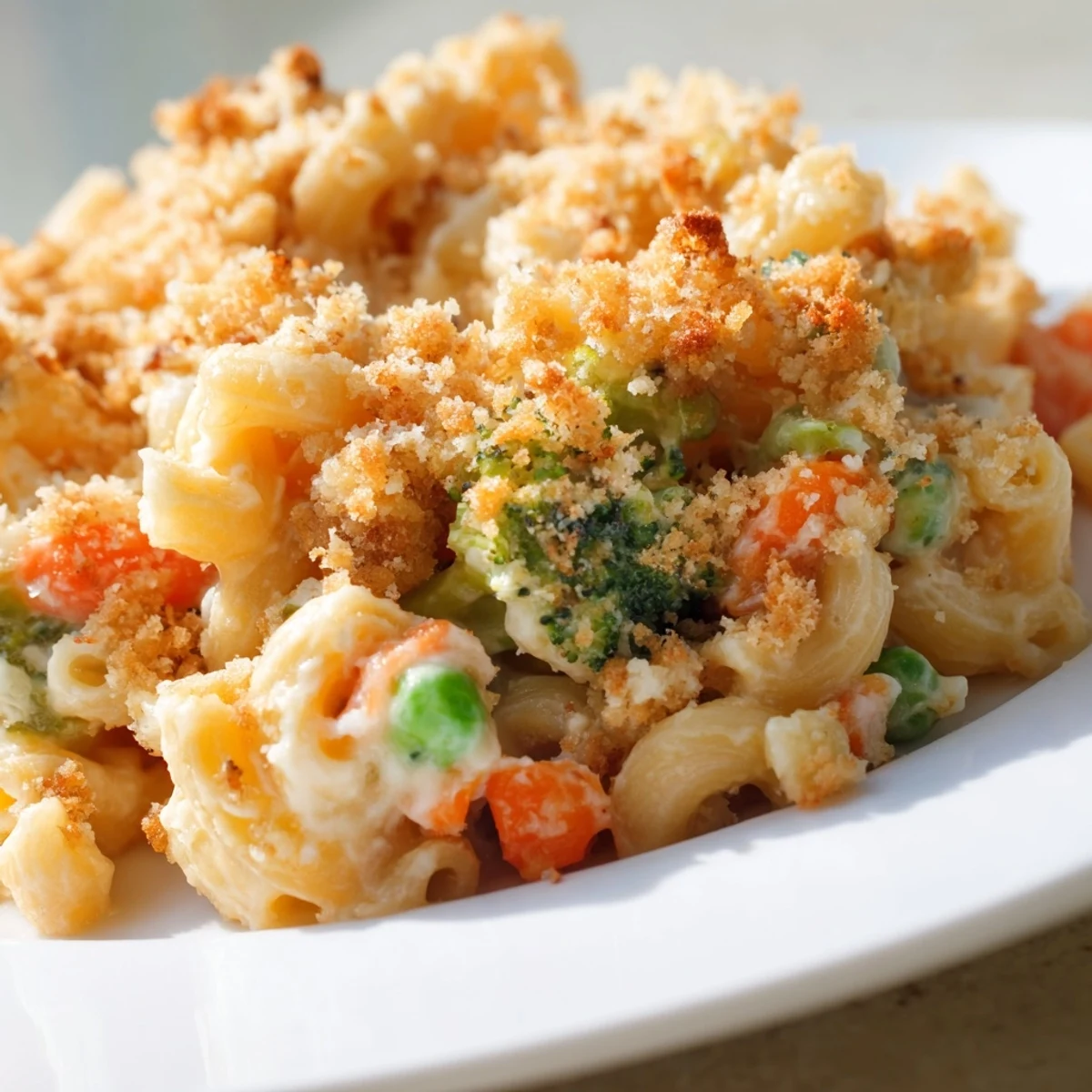Freshly baked Garden Veg Mac and Cheese in a casserole dish, topped with melted cheddar and tender vegetable pieces.