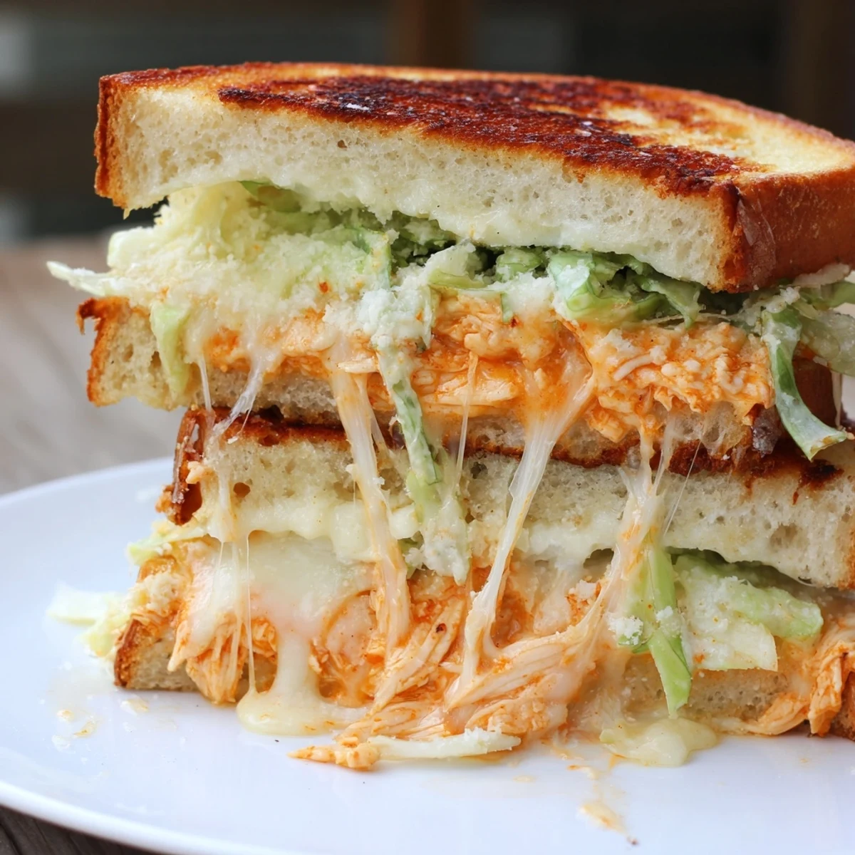 A close-up of a golden Buffalo Chicken Caesar Grilled Cheese, oozing melted provolone and topped with fresh, shredded romaine lettuce.