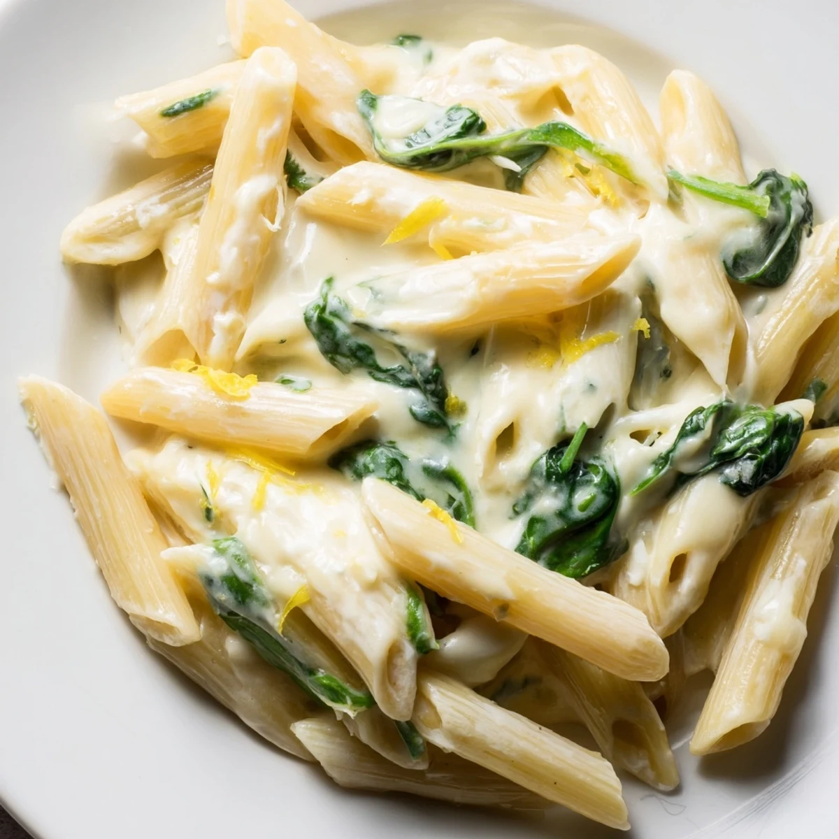 Creamy Feta Spinach Pasta in a skillet, with wilted green leaves and crumbled white cheese melting into a velvety sauce.