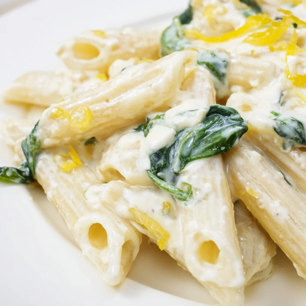 A close-up of Creamy Feta Spinach Pasta twirled on a fork, revealing the silky sauce clinging to penne noodles.
