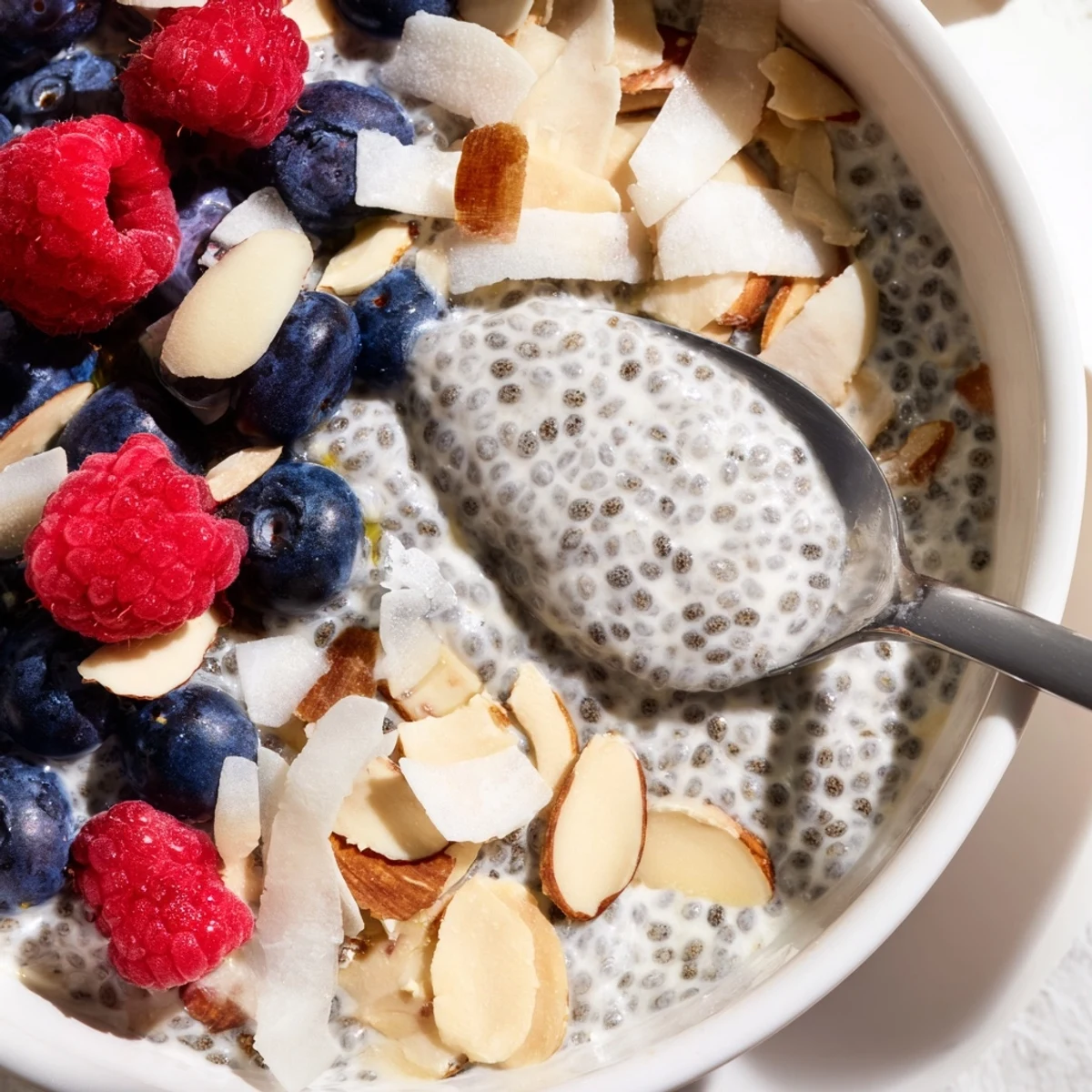 Creamy Poppy Seed Chia Pudding served in a glass jar, topped with fresh blueberries and toasted almonds.