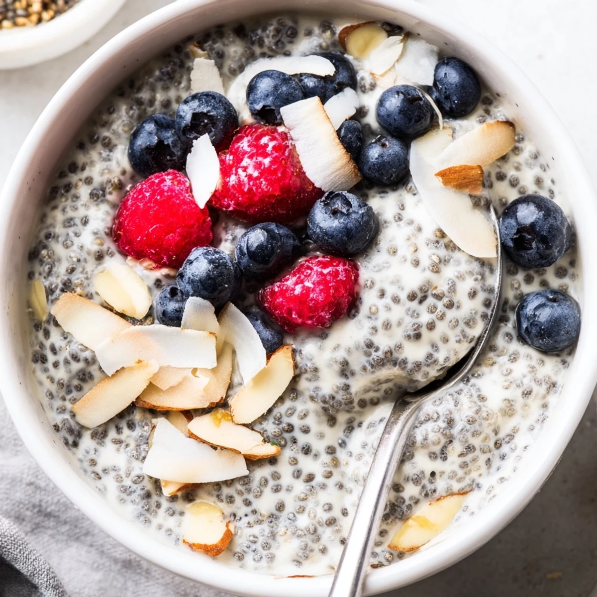 Vibrant Poppy Seed Chia Pudding dessert layered with berries and sliced almonds on a rustic kitchen counter.