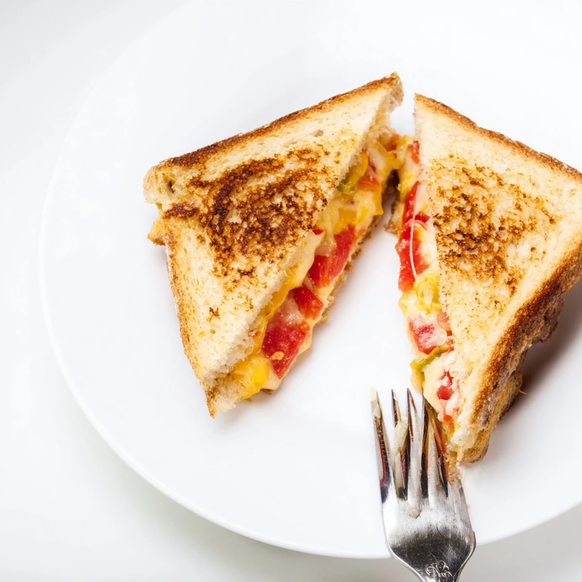 Pepper Jack & Tomato Grilled Cheese with crispy crust and gooey, spicy filling ready to eat.  