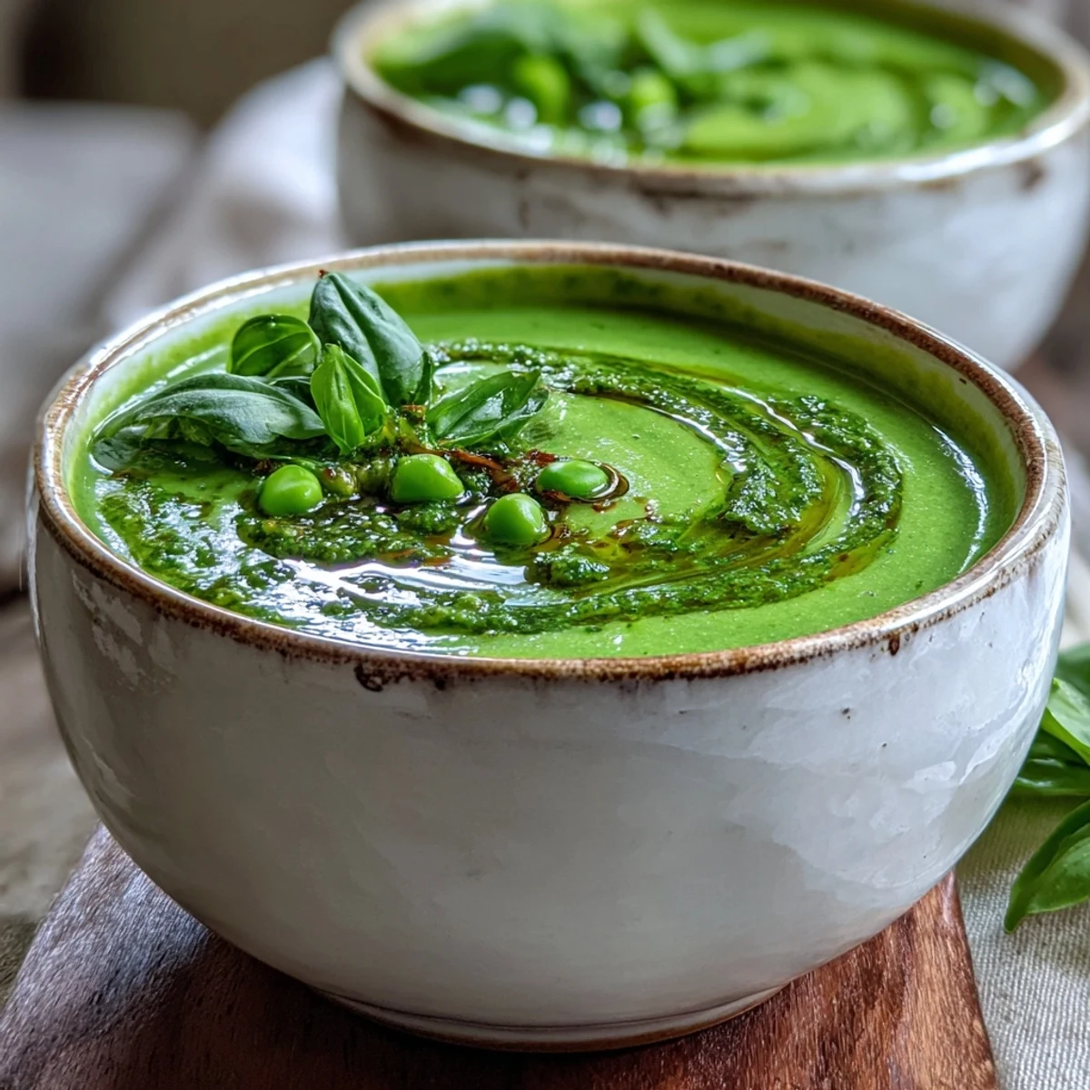 Bright green Courgette, Pea and Pesto Soup swirled with creamy pesto in a rustic bowl.