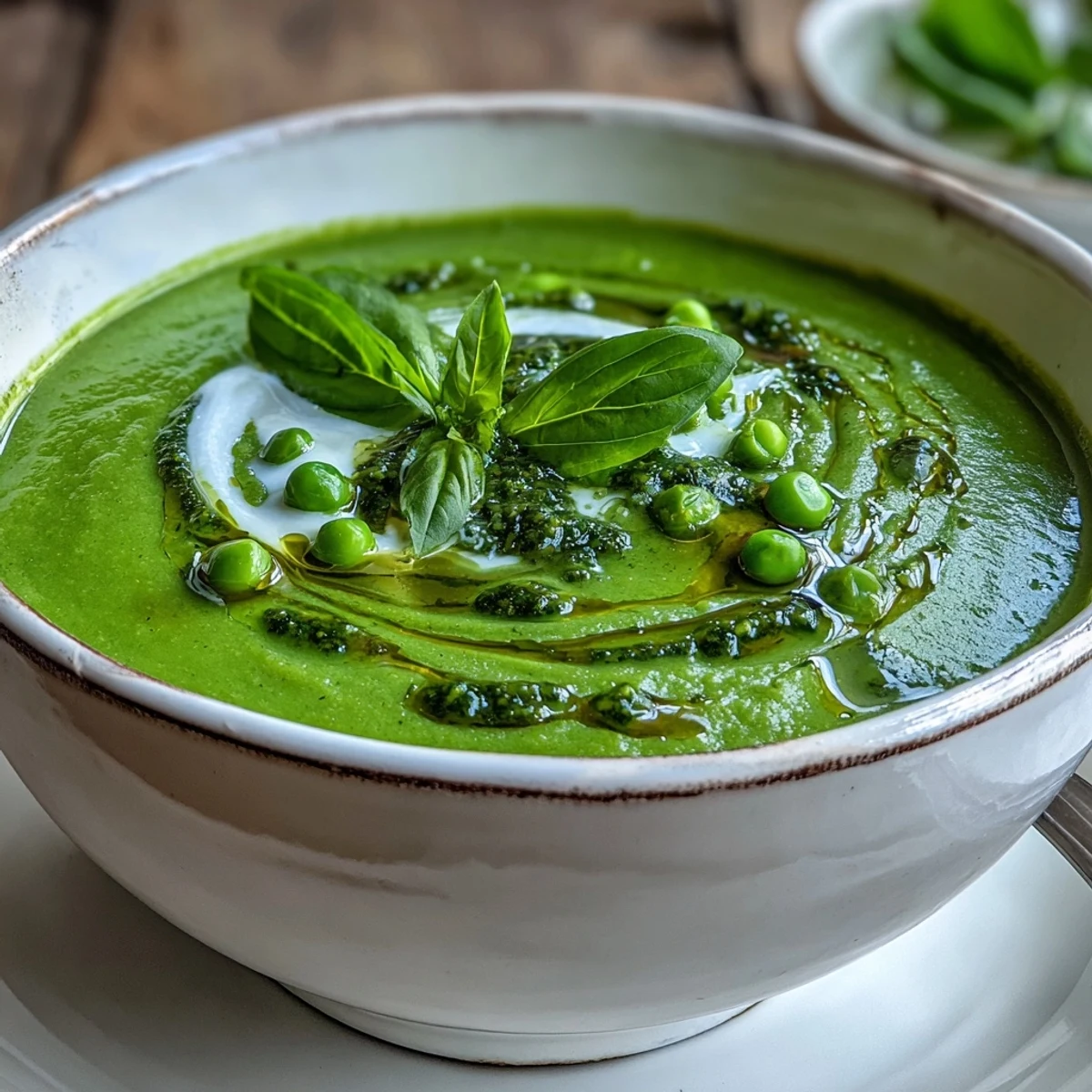 A vibrant bowl of Courgette, Pea and Pesto Soup served with crusty bread on a sunny table.