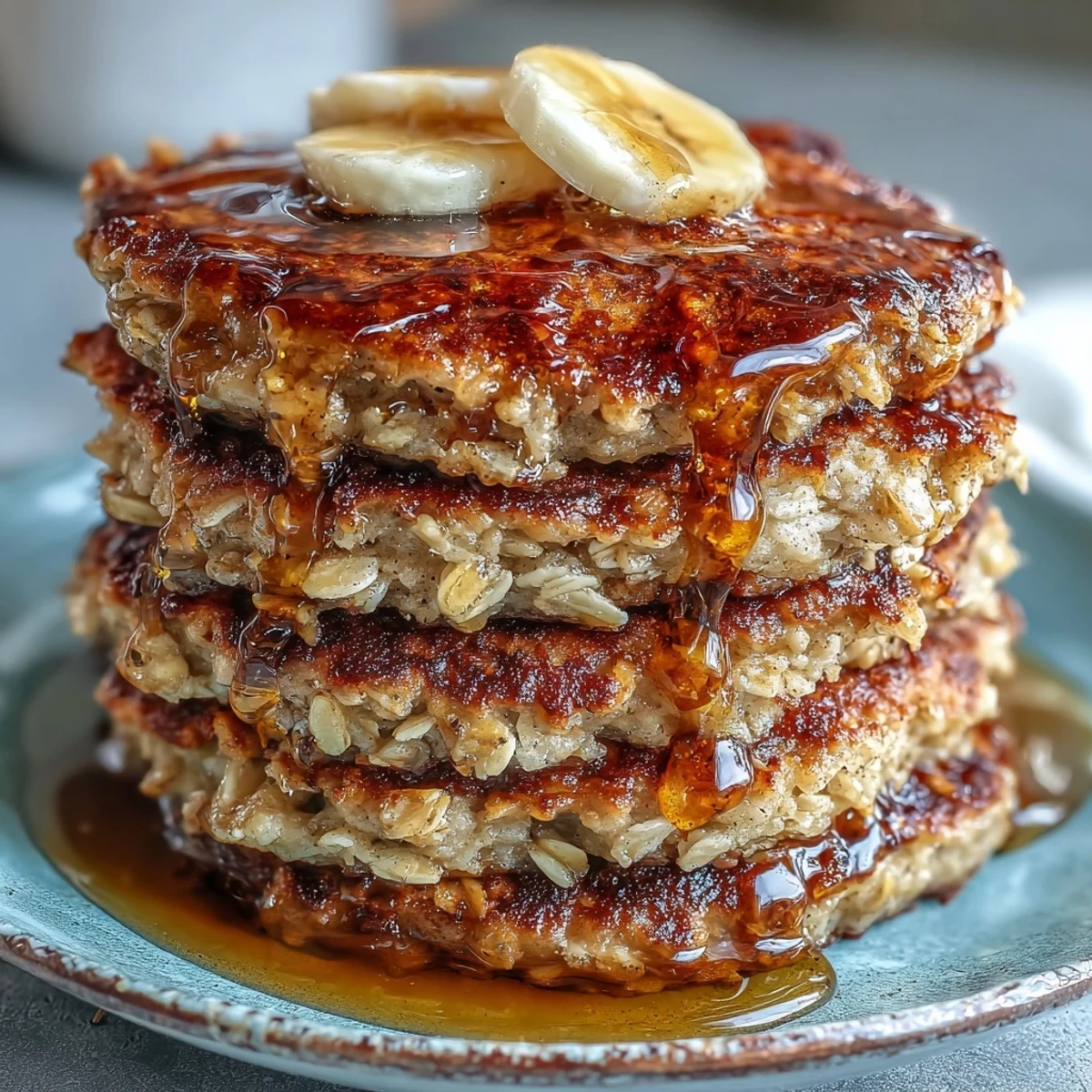 Golden-brown Banana Oat Pancakes stack high on a plate, topped with fresh banana slices and a drizzle of maple syrup for a wholesome American breakfast.  