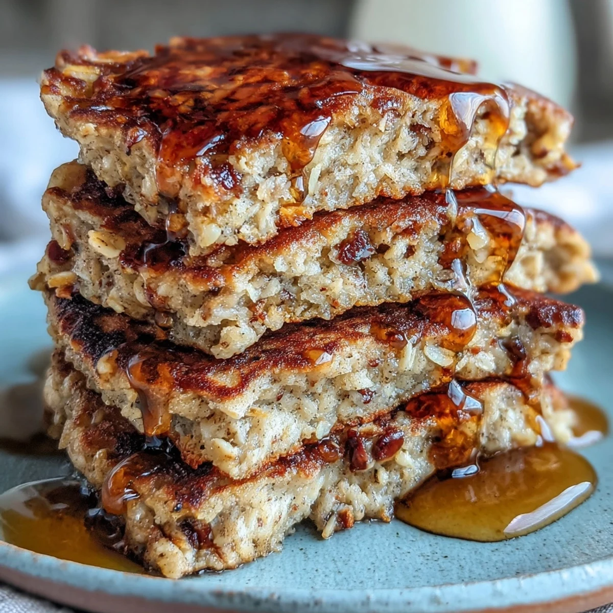 Freshly cooked Banana Oat Pancakes rest on a wooden board, ready for a healthy, gluten-free breakfast with a side of coffee.