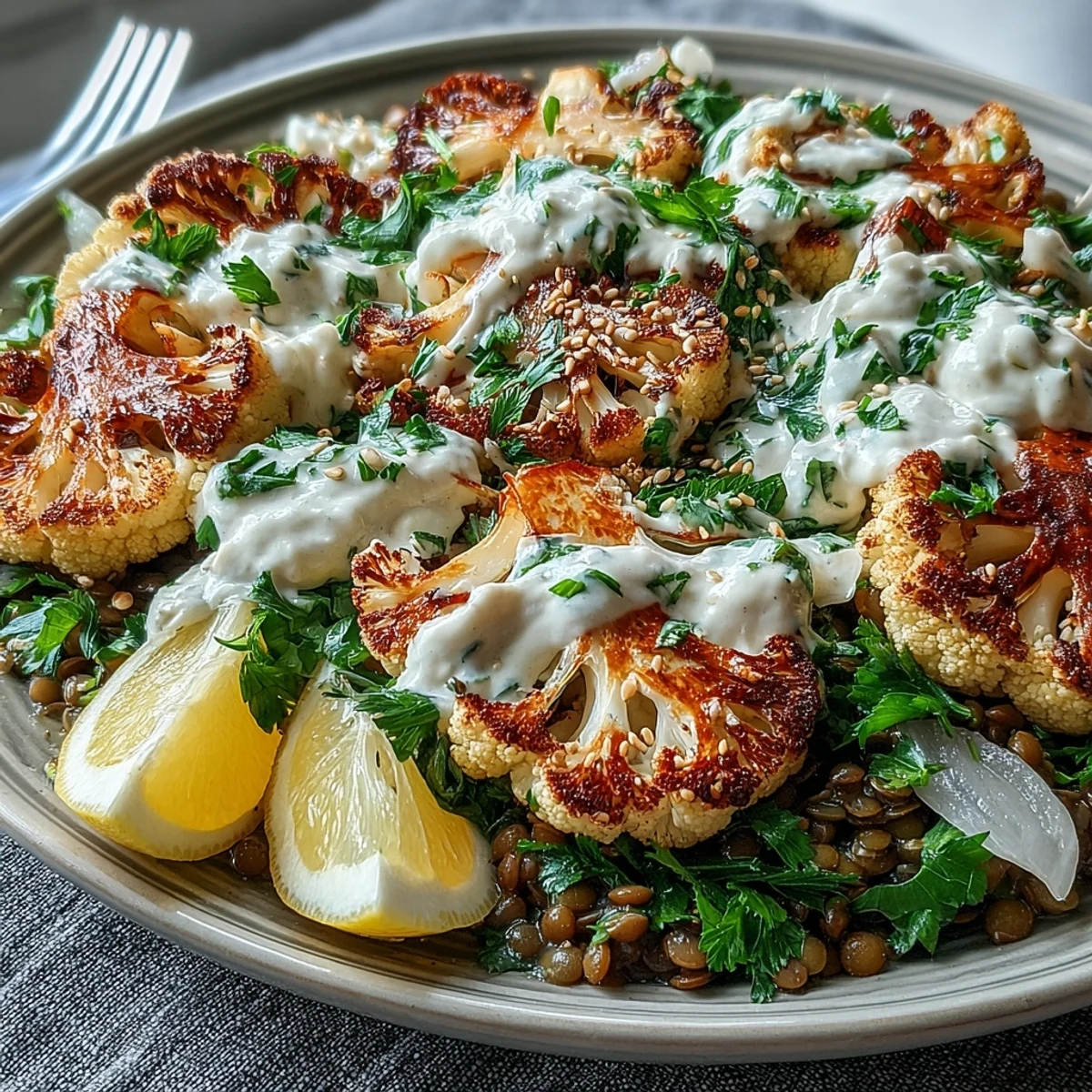 Roasted cauliflower florets glistening with olive oil and spices rest atop vibrant lemon lentil salad with red onion and parsley garnish.