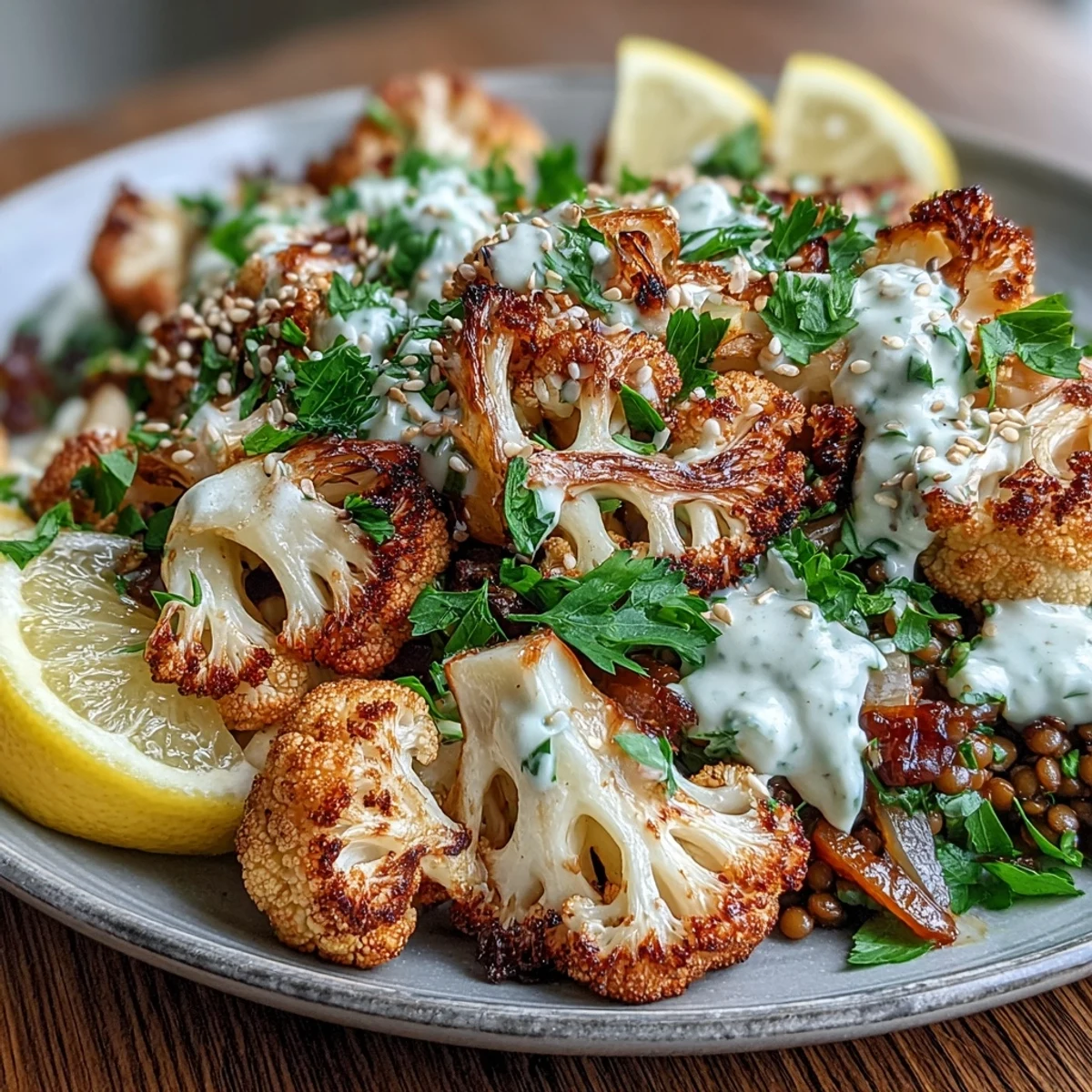 Golden roasted cauliflower arranged over zesty lentils with a creamy drizzle of cumin-tahini yogurt and fresh herb garnish.