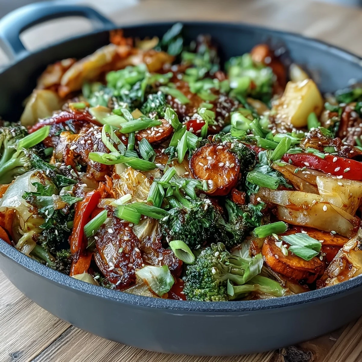 A steaming skillet of colorful broccoli, carrots, and cabbage makes this comforting fermented veggie winter stir-fry a quick, wholesome dinner.