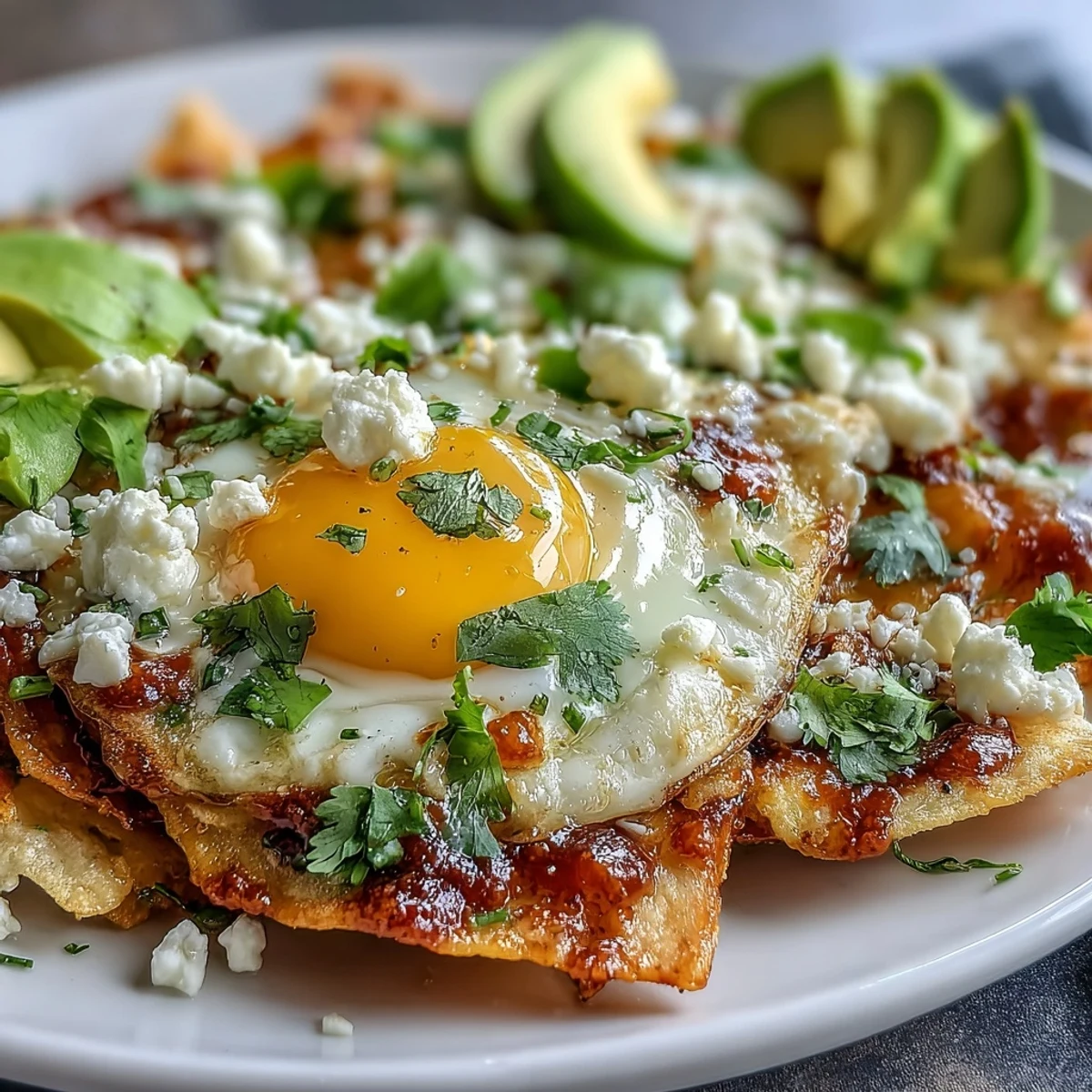 A close-up of vibrant chilaquiles topped with a runny egg yolk, avocado slices, and crumbled queso fresco on a rustic plate.